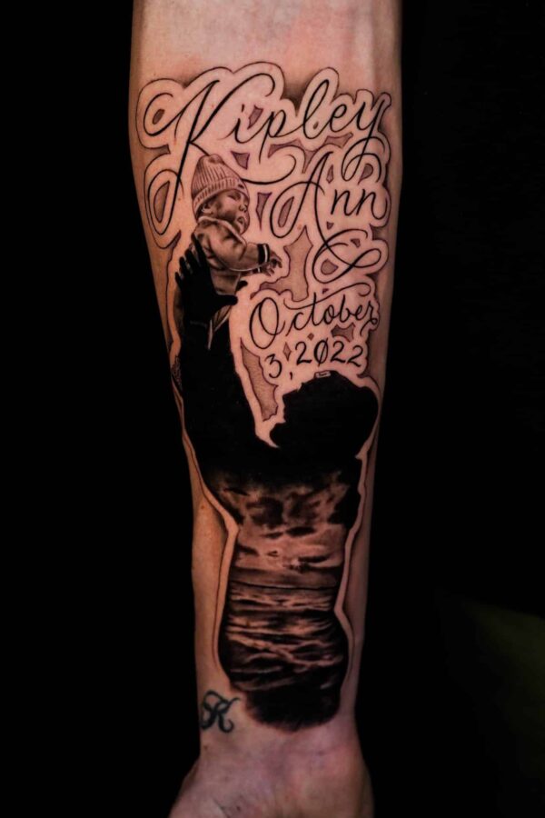 lettering and memorial beach tattoo, Demi DiMartino, artist at Revolt Tattoos