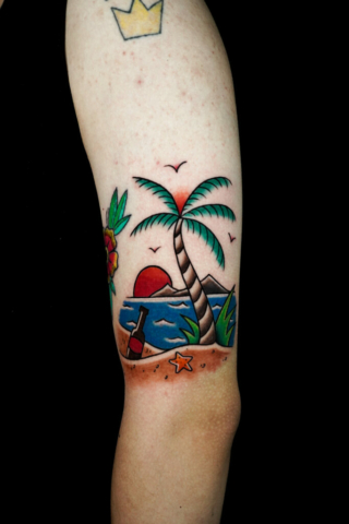 traditional beach scene tattoo, Demi DiMartino, artist at Revolt Tattoos