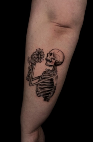 skeleton floral tattoo, Demi DiMartino, artist at Revolt Tattoos