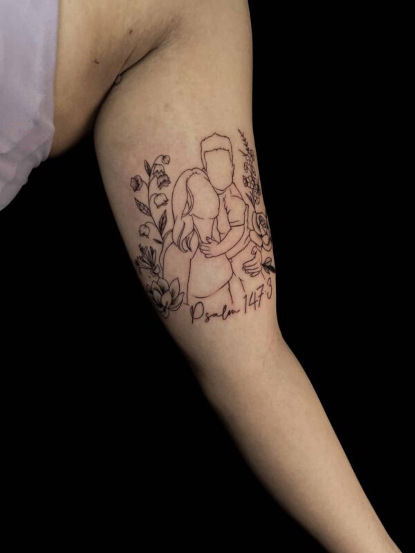 outline memorial inner bicep tattoo, Demi DiMartino, artist at Revolt Tattoos