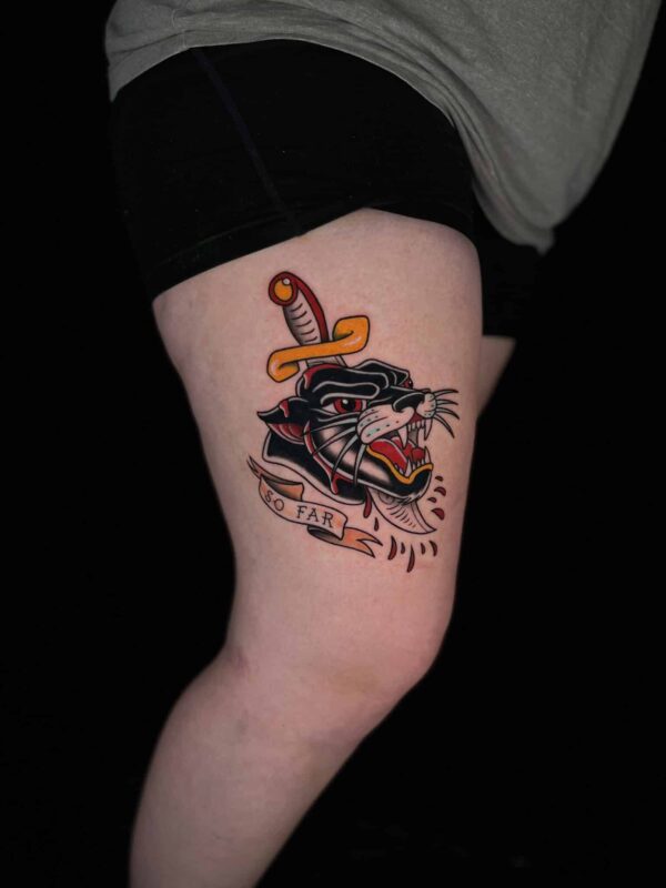 traditional panther tattoo, Demi DiMartino, artist at Revolt Tattoos