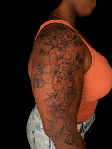 peony half sleeve tattoo, Demi DiMartino, artist at Revolt Tattoos