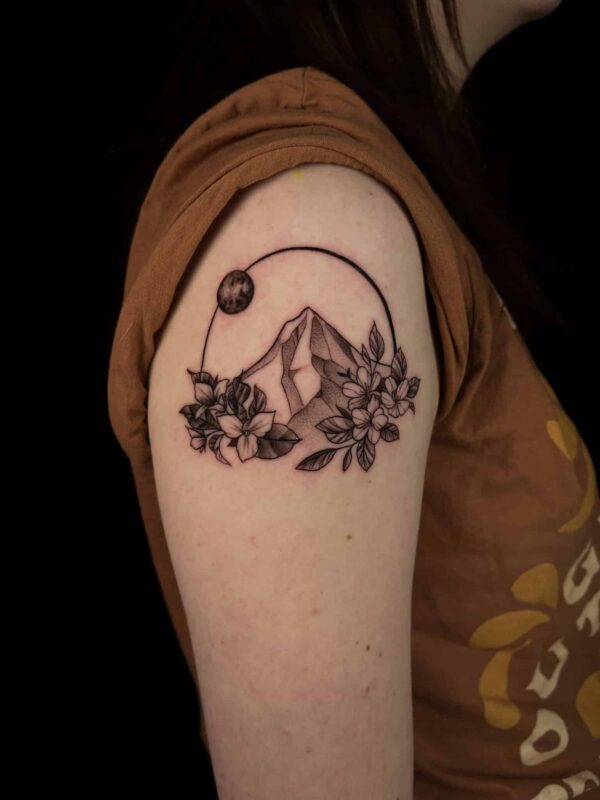 mountain floral tattoo, Demi DiMartino, artist at Revolt Tattoos