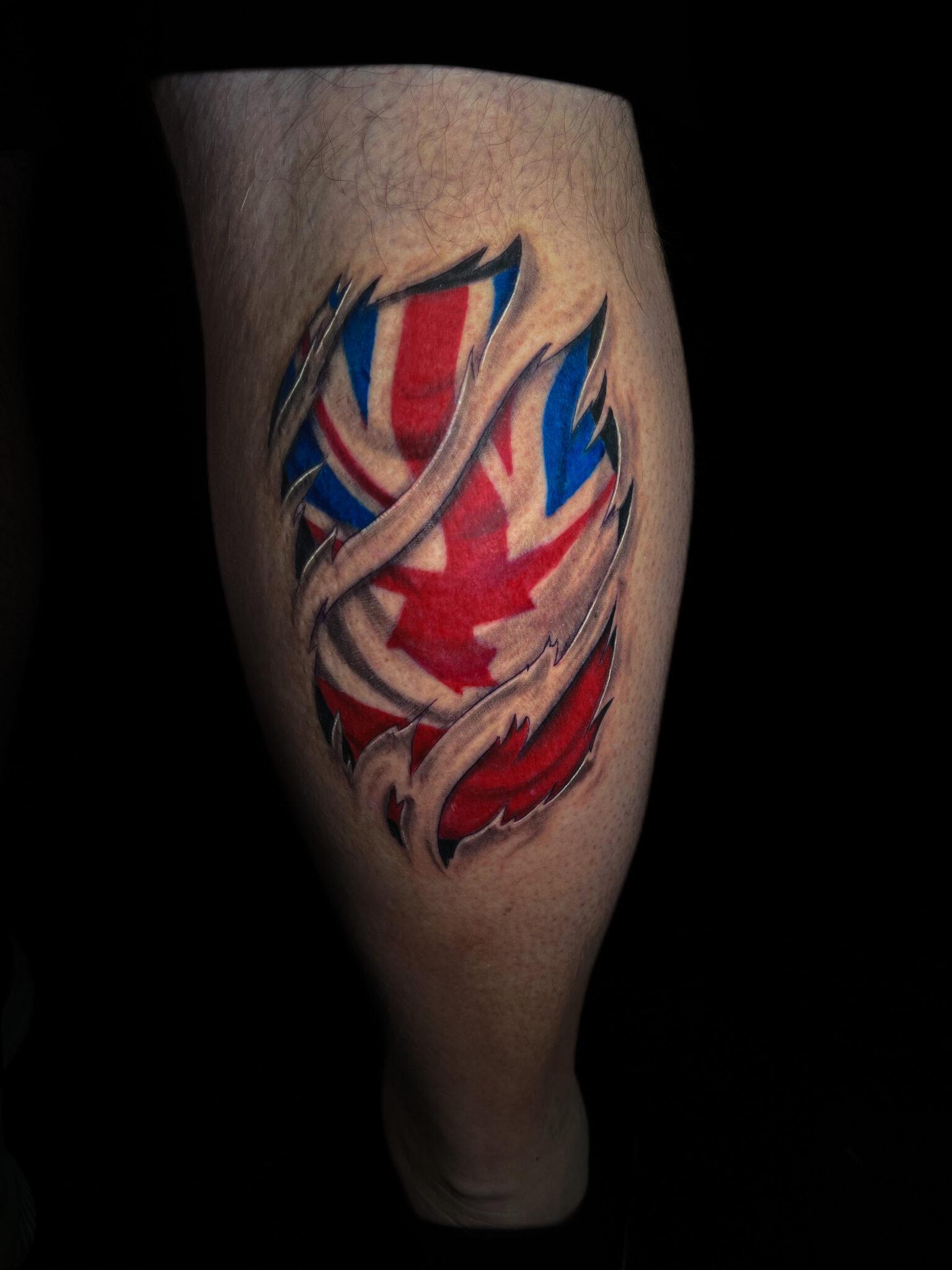 photorealistic skin rip, canadian and british flags, Demi DiMartino, artist at Revolt Tattoos