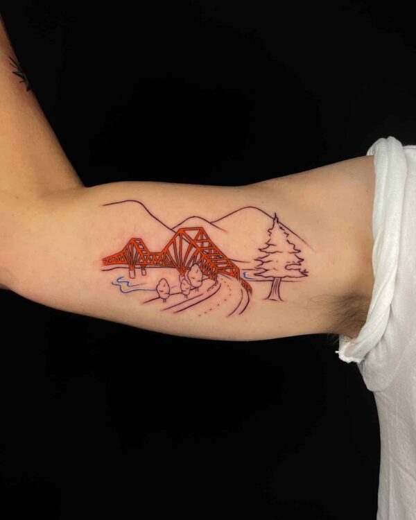 bridge nature scene tattoo, Demi DiMartino, artist at Revolt Tattoos