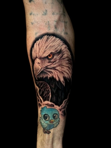 black and grey realistic eagle tattoo, Demi DiMartino, artist at Revolt Tattoos