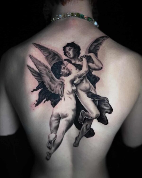 angel backpiece tattoo, Demi DiMartino, artist at Revolt Tattoos