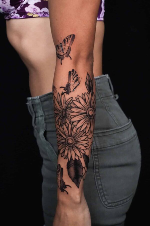 butterfly and sunflower tattoo, Demi DiMartino, artist at Revolt Tattoos