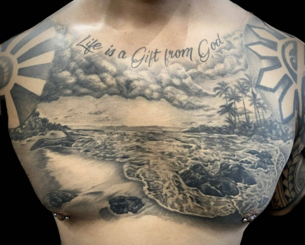 black and grey beach scene tattoo, Jackie Gutierrez , Tattoo Artist at Revolt Tattoos in Las Vegas