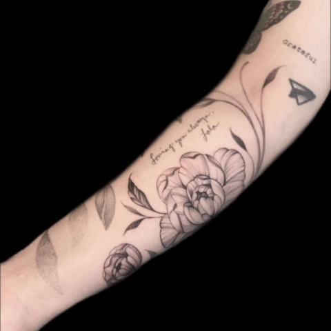 black and grey peony tattoo, Jackie Gutierrez , Tattoo Artist at Revolt Tattoos in Las Vegas