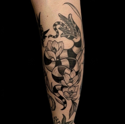 beetlejuice serpent, beetlejuice tattoo, Brooke Lozano, Artist at Revolt Tattoos Houston