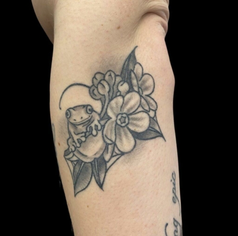frog flower tattoo, Brooke Lozano, Artist at Revolt Tattoos Houston