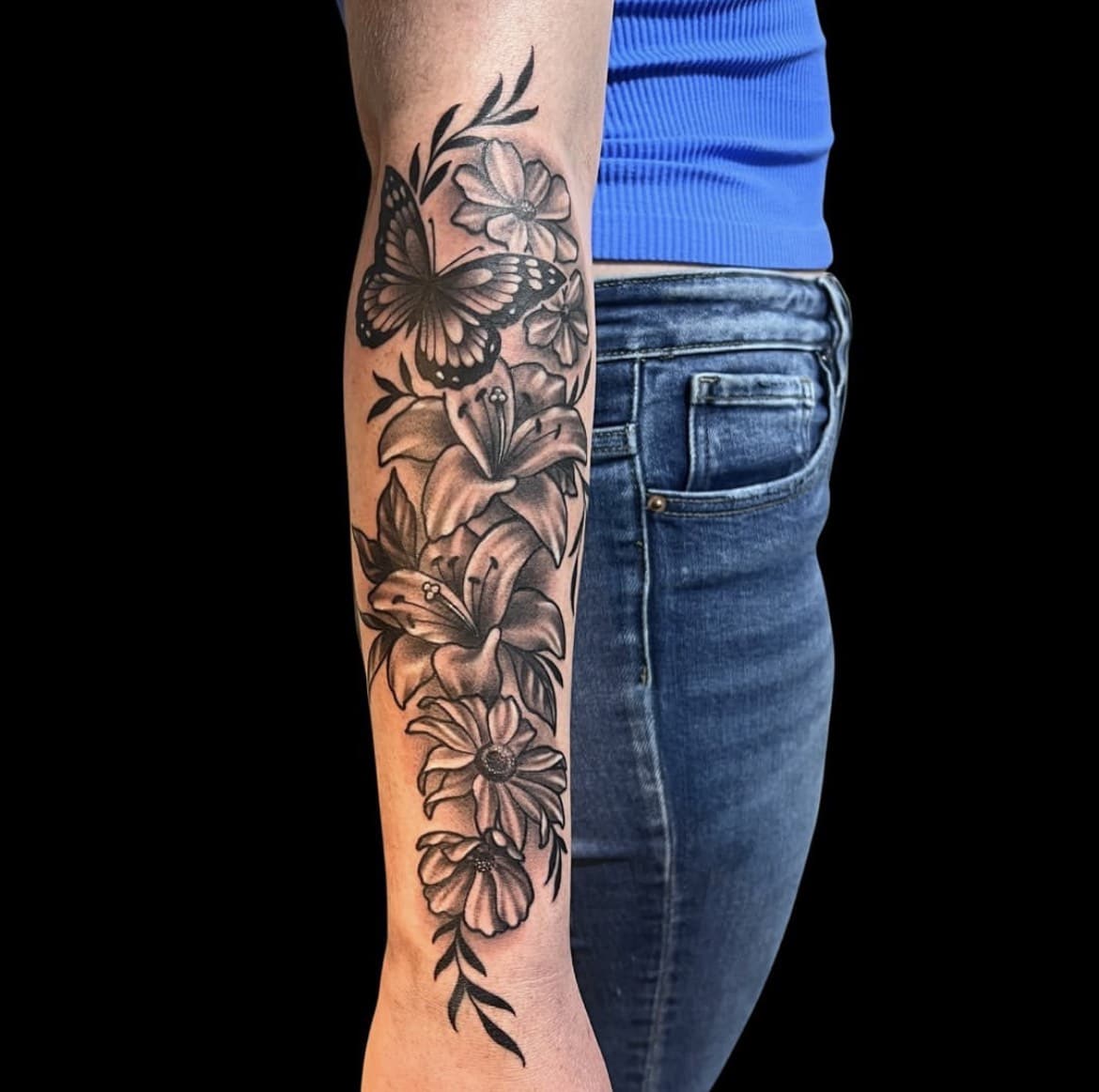 black and grey floral butterfly tattoo design, Brooke Lozano, Artist at Revolt Tattoos Houston