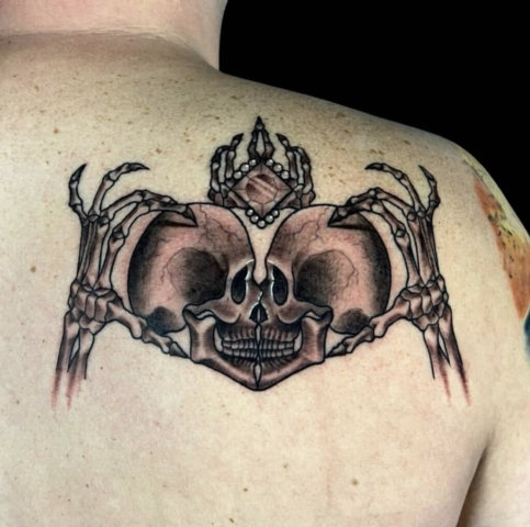love until death, black and grey skull tattoo, Brooke Lozano, Artist at Revolt Tattoos Houston
