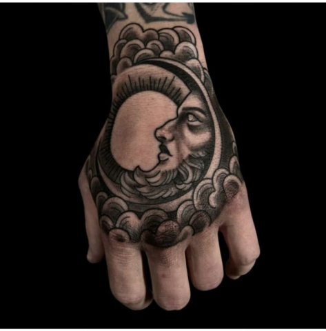 crescent moon hand tattoo, black and grey Brooke Lozano, Artist at Revolt Tattoos Houston