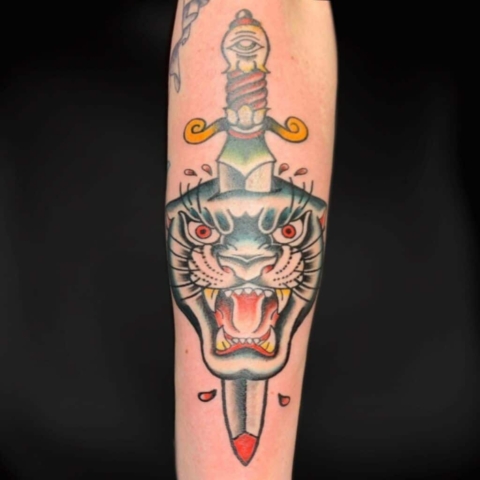 Panther with Dagger Tattoo | Russell Loo | Tattoo Artist at Revolt Tattoos in Salt Lake City.