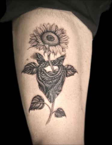 Sunflower with paisley print, Jackie Gutierrez | Tattoo Artist at Revolt Tattoos in Las Vegas, Nevada.
