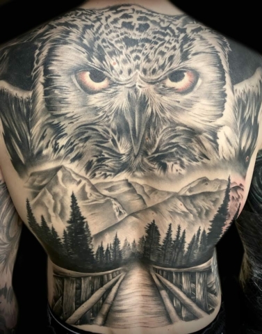 Owl back piece tattoo